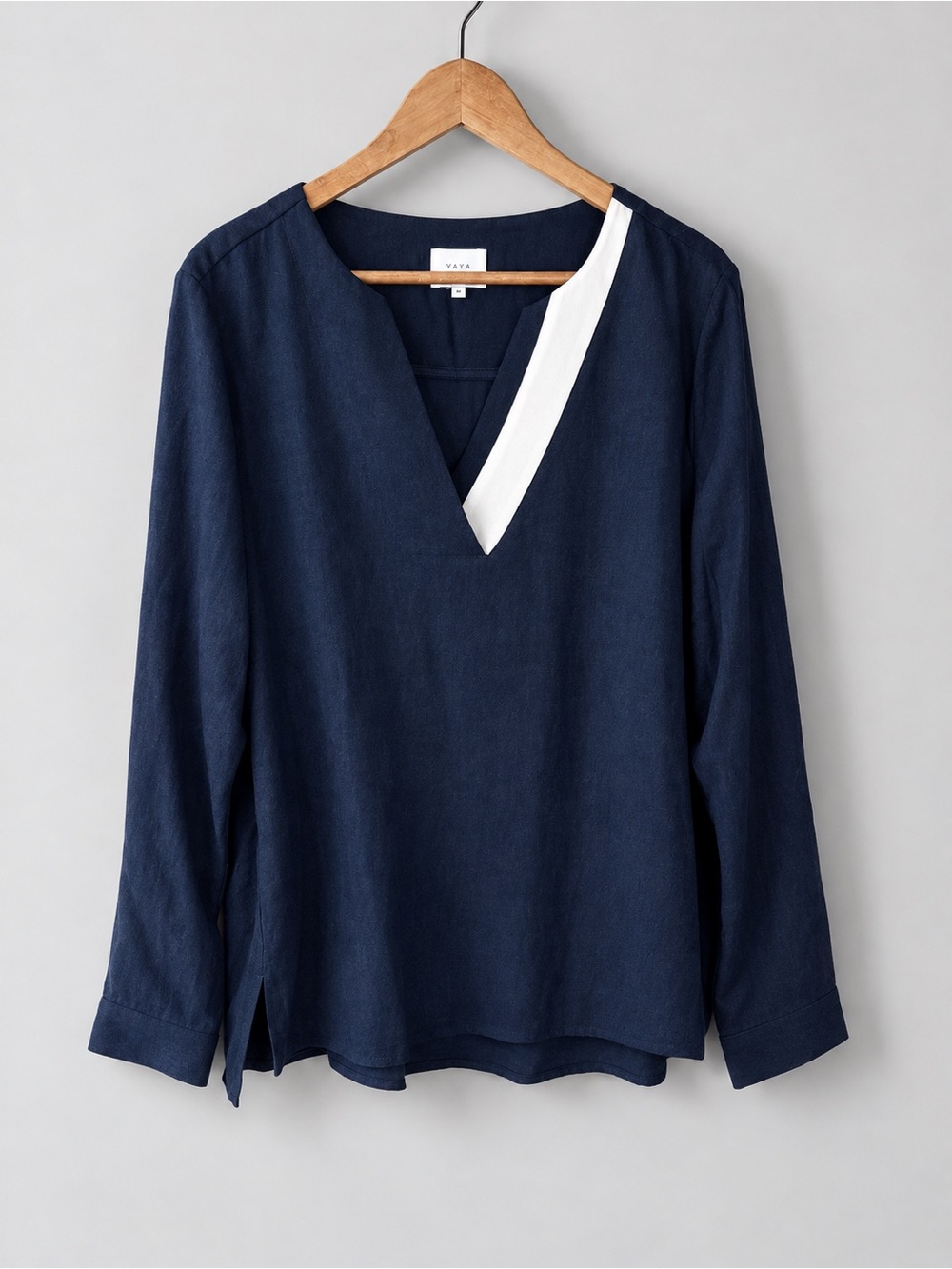 YAYA Women’s Blue V Neck Blouse Size 42 Lyocell Viscose White Trim Long Sleeve